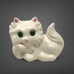 VTG MCM Persian Cat Porcelain Figurine by Roselane Pottery-White w Green Eyes